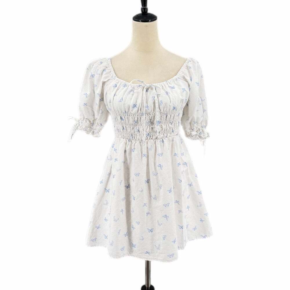 Charlie Holiday White Blue Butterfly Linen Cotton Fairycore Cottagecore Dress